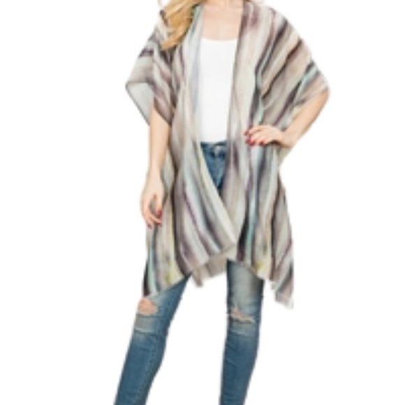 Open Front Kimono Wrap Vertical Green Striped Print Cover Up - Picture 4 of 5